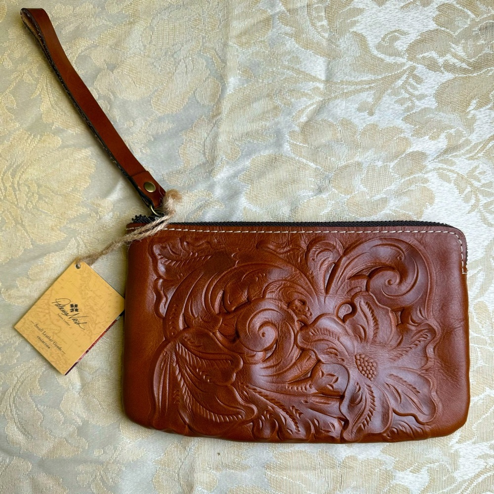 Patricia Nash Capri Wristlet, NWT, tooled brown leather.